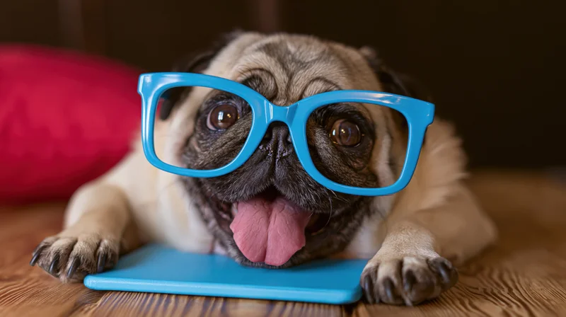 Pug wearing oversized blue plastic glasses lying on wooden floor with tongue out