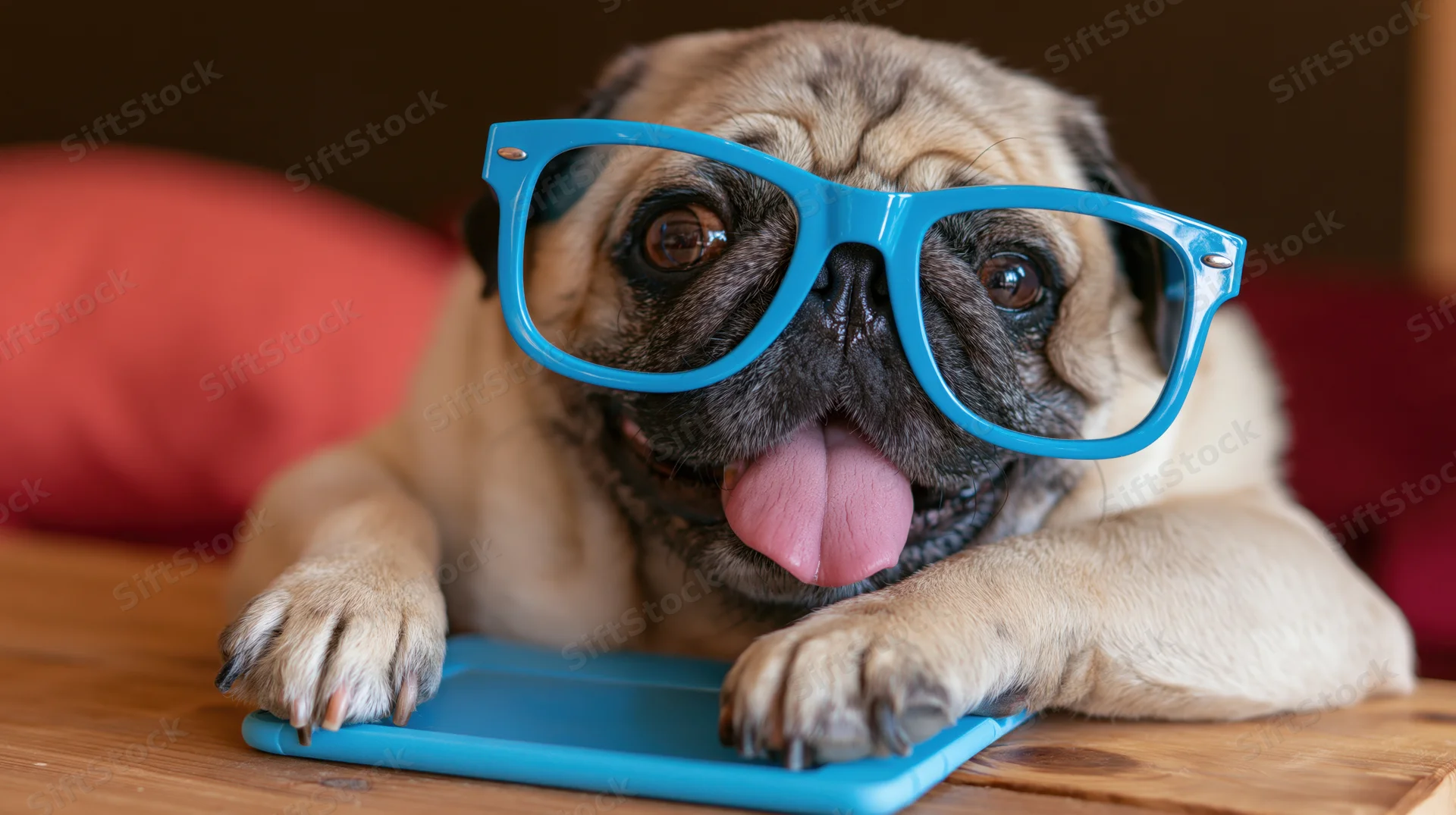 Pug wearing oversized blue plastic glasses lying on wooden table with tongue out