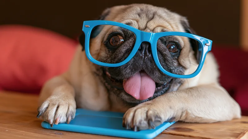 Pug wearing oversized blue plastic glasses lying on wooden table with tongue out