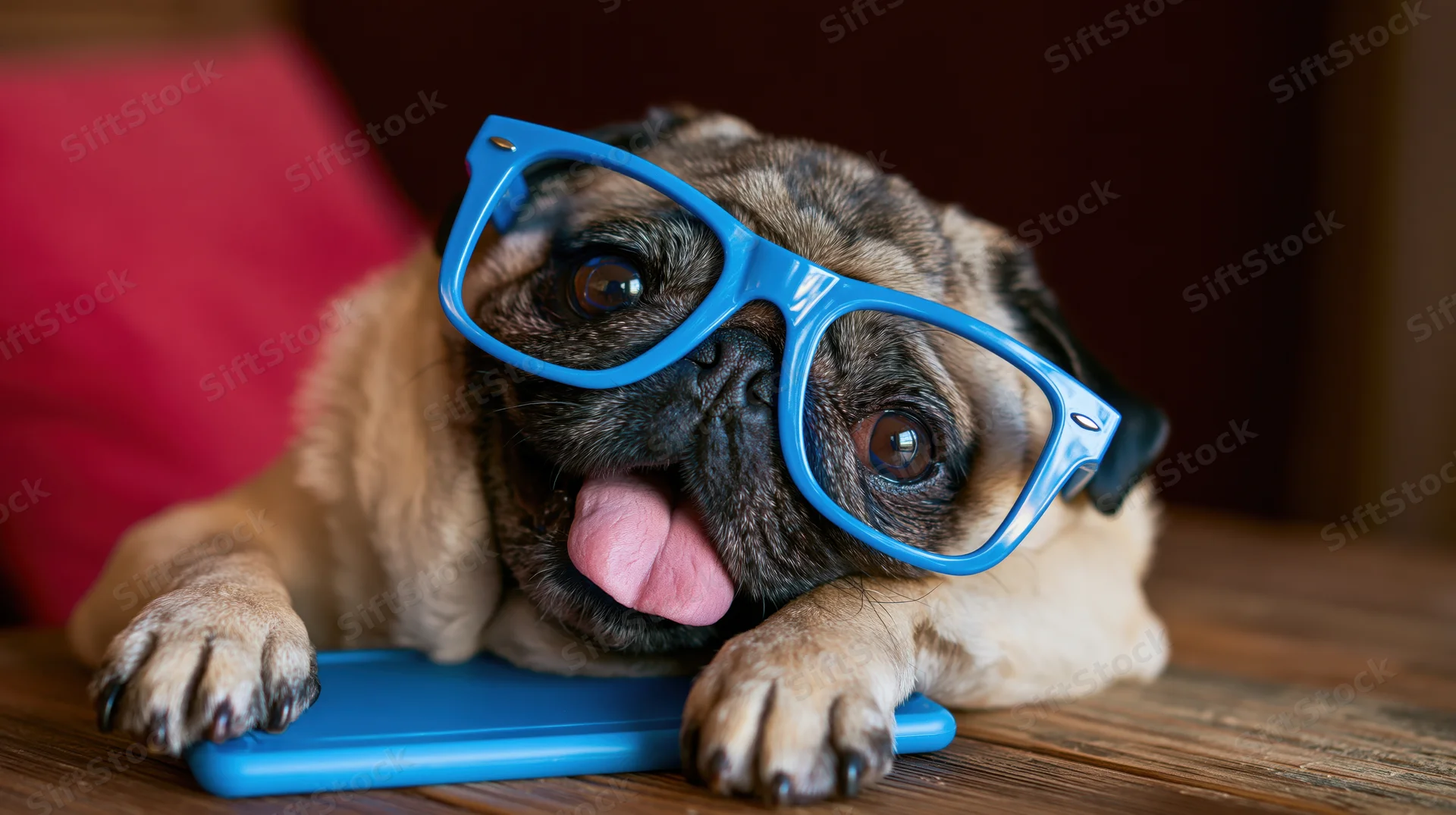 Pug dog wearing oversized blue plastic glasses lying on wooden table with tongue out