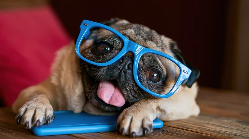 Pug dog wearing oversized blue plastic glasses lying on wooden table with tongue out