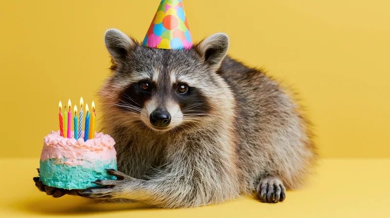 Raccoon wearing a colorful party hat holding a small birthday cake with lit candles on a yellow background