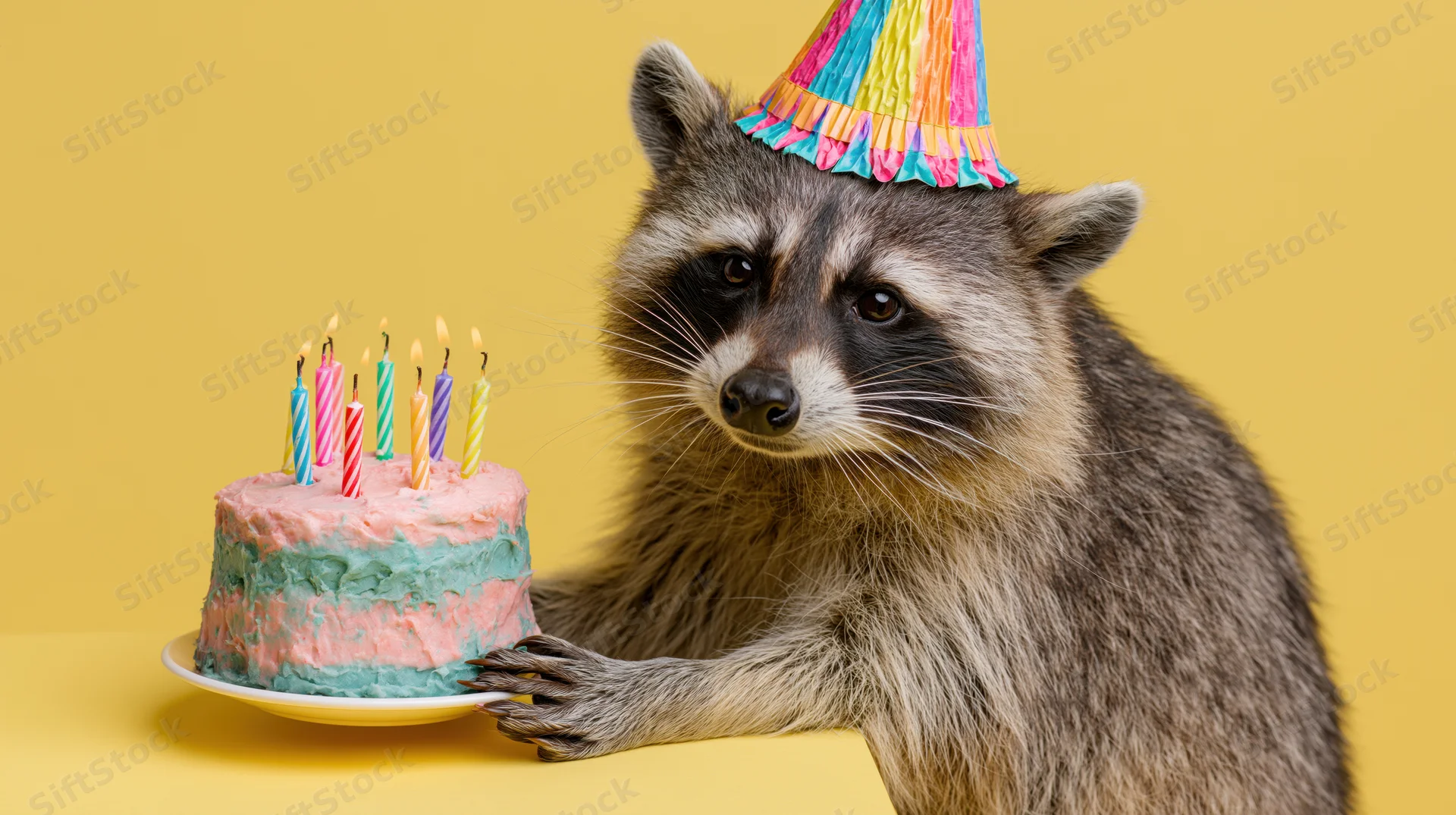 Raccoon wearing a colorful party hat holding a small birthday cake with lit candles against a yellow background