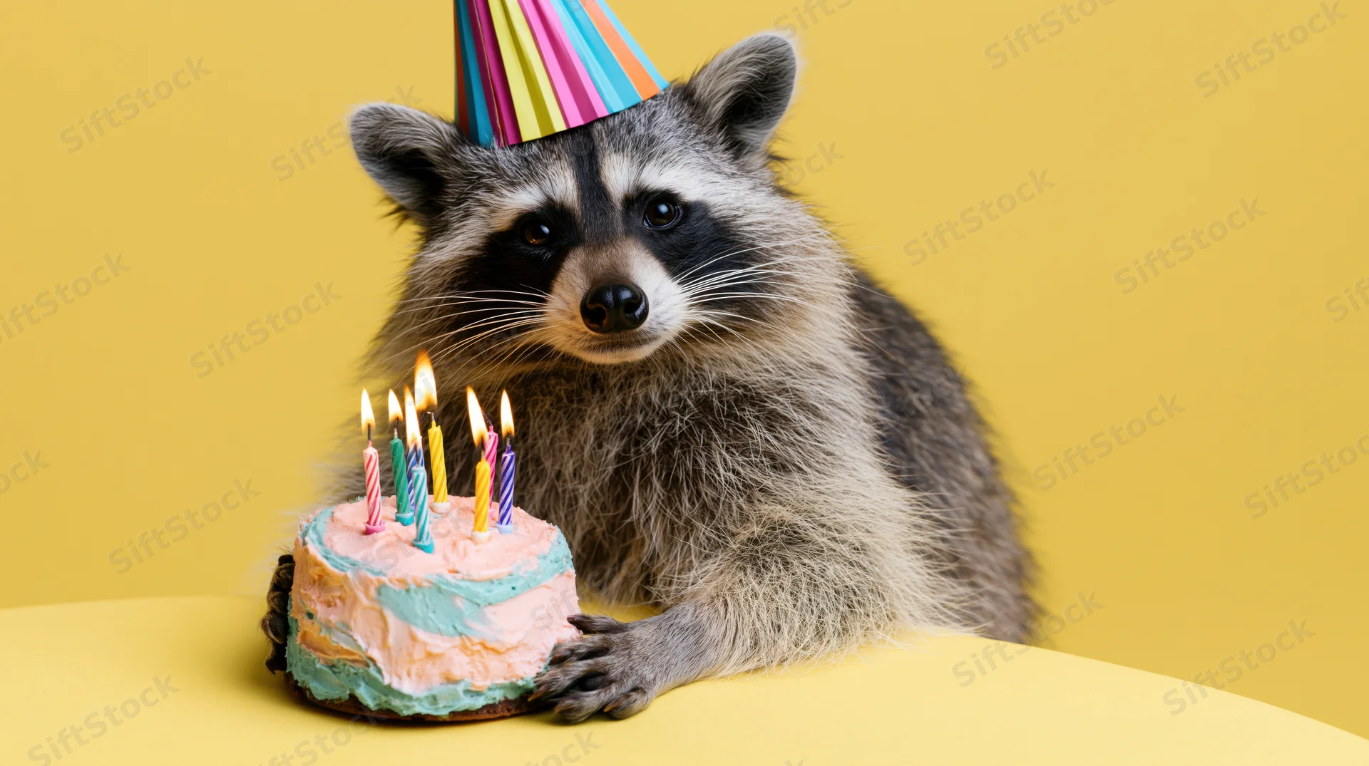 Raccoon wearing a colorful party hat with a small birthday cake on a yellow table
