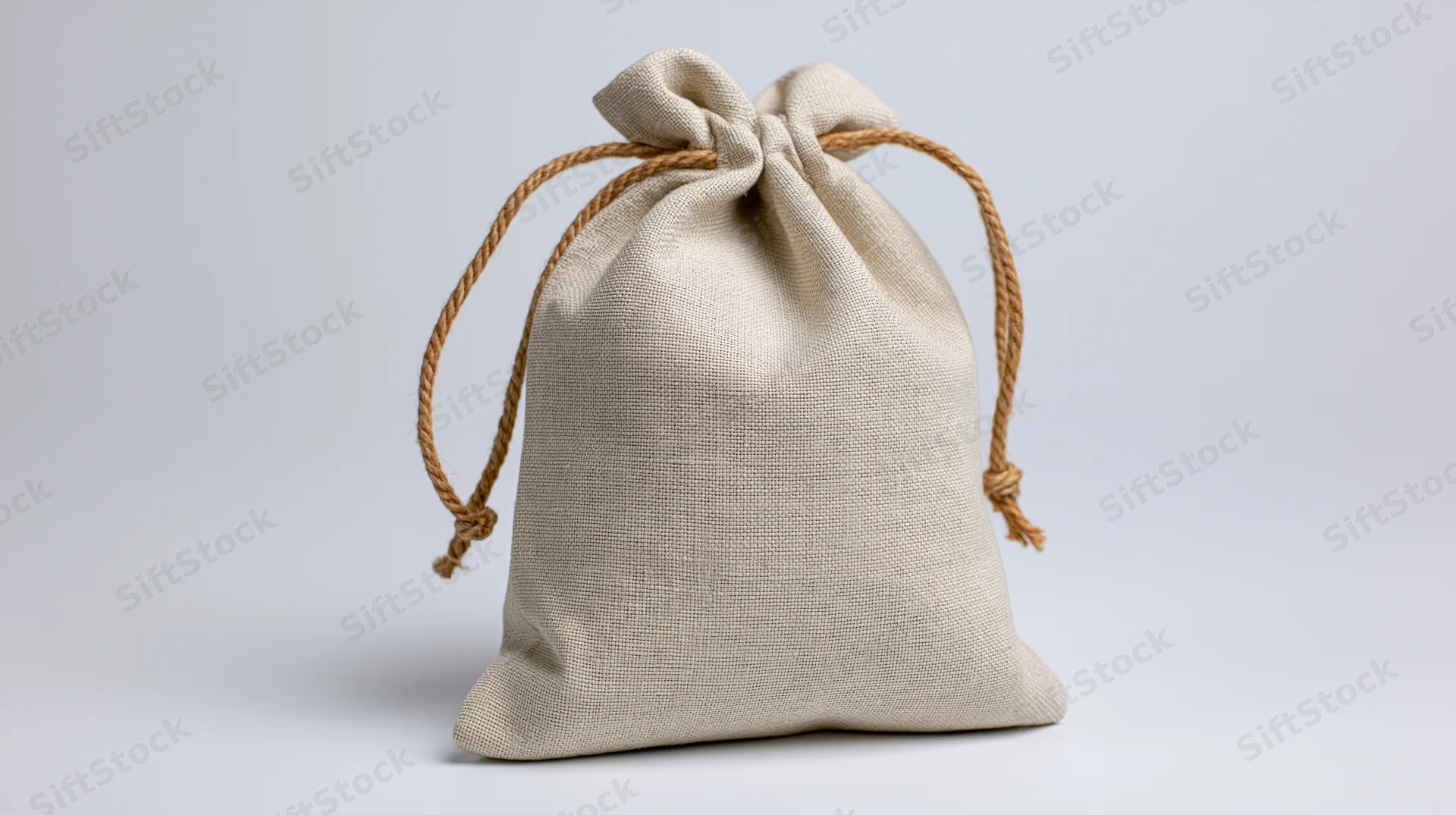 Beige cotton drawstring bag tied with rope on white background