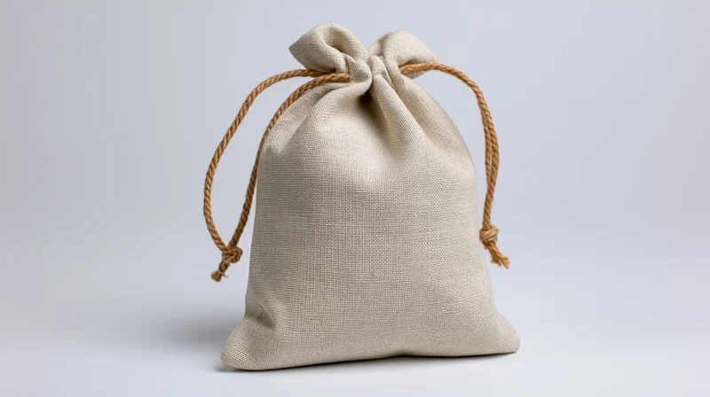 Beige cotton drawstring bag tied with rope on white background