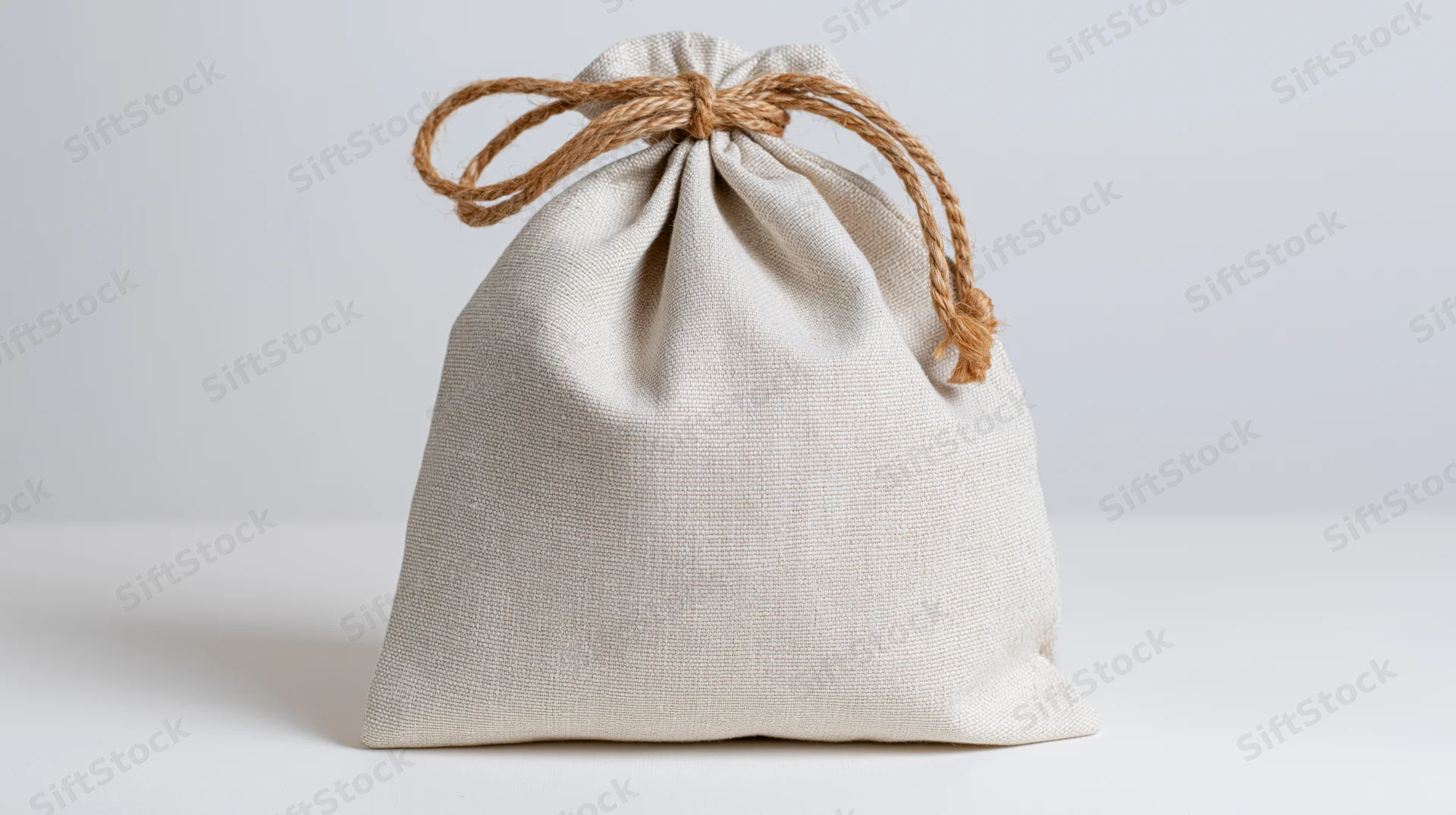 Beige cloth bag with rope drawstring tied at top on white surface