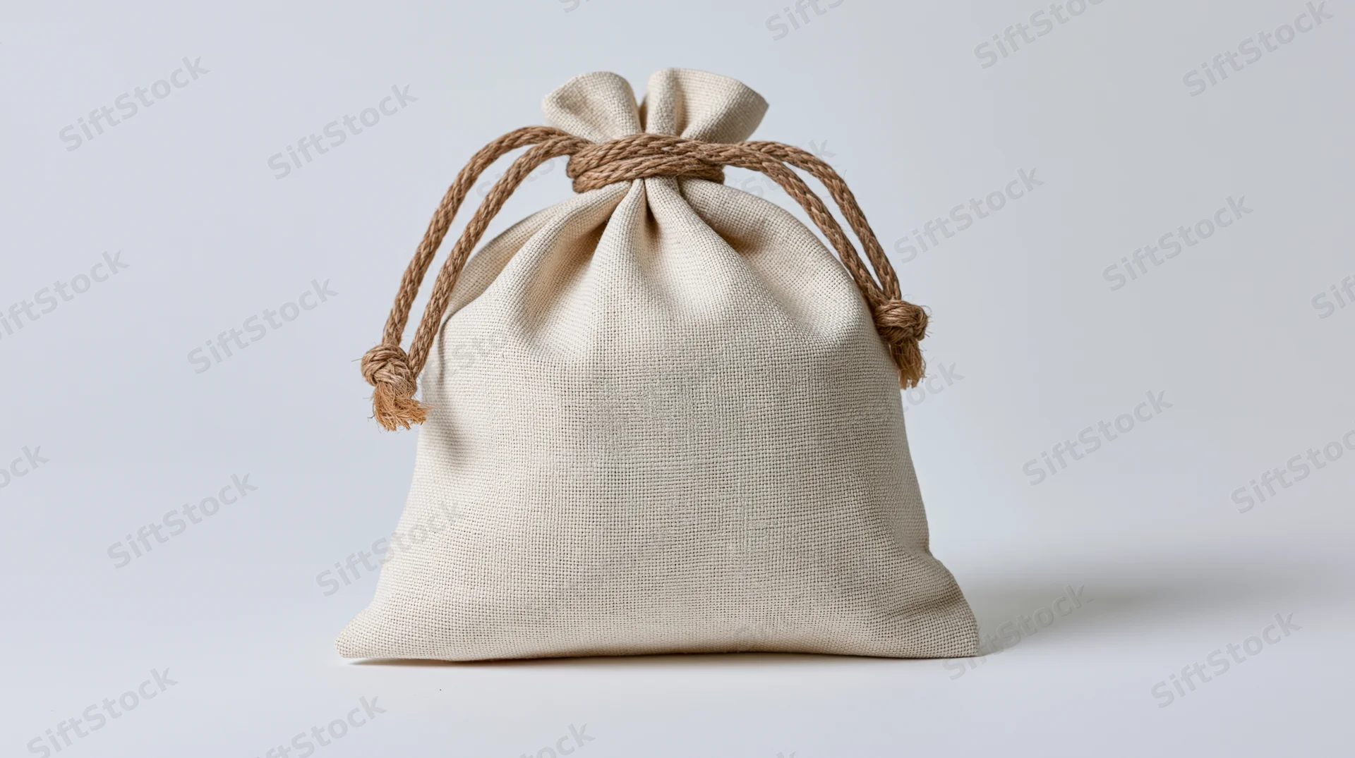 Beige cotton drawstring bag tied with rope on white background