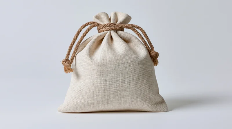 Beige cotton drawstring bag tied with rope on white background