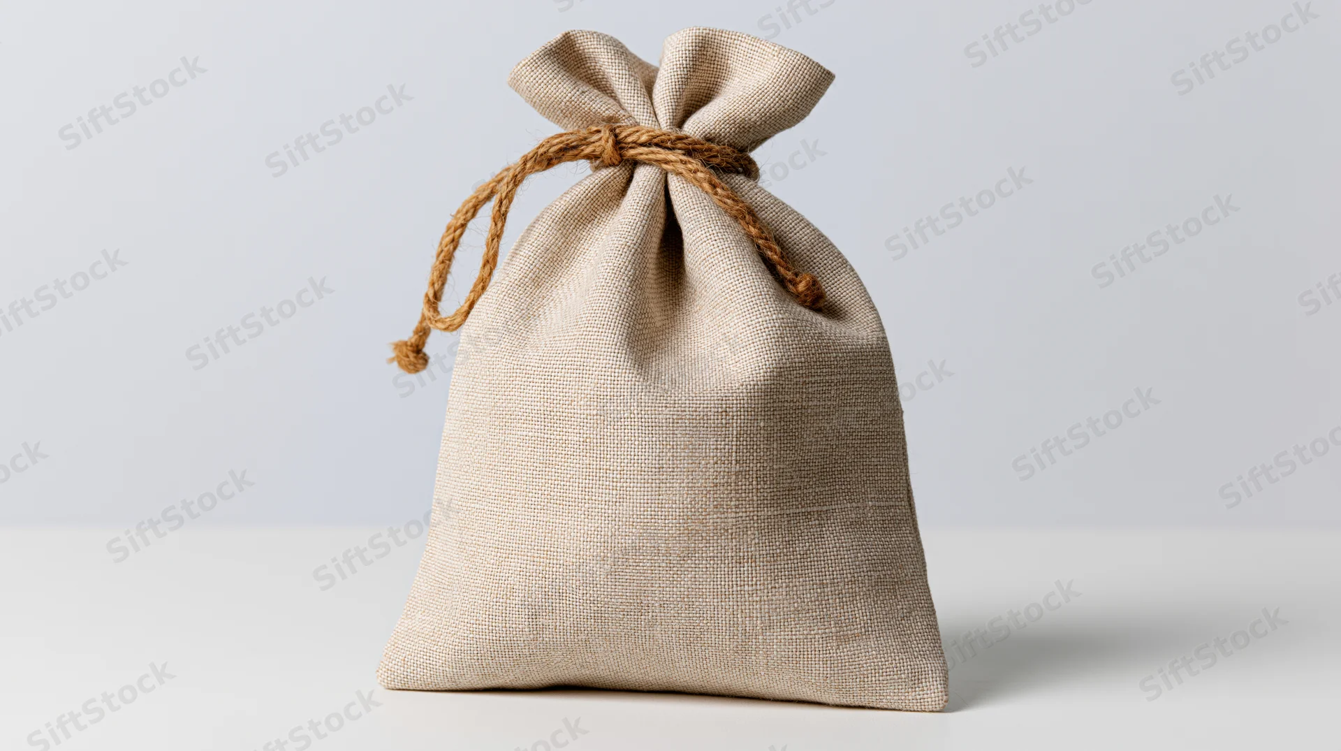 Beige cloth drawstring bag tied with jute rope on white surface