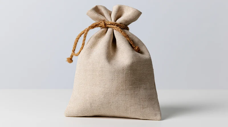 Beige cloth drawstring bag tied with jute rope on white surface