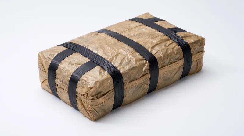 Rectangular package wrapped in brown plastic and secured with black straps on white background