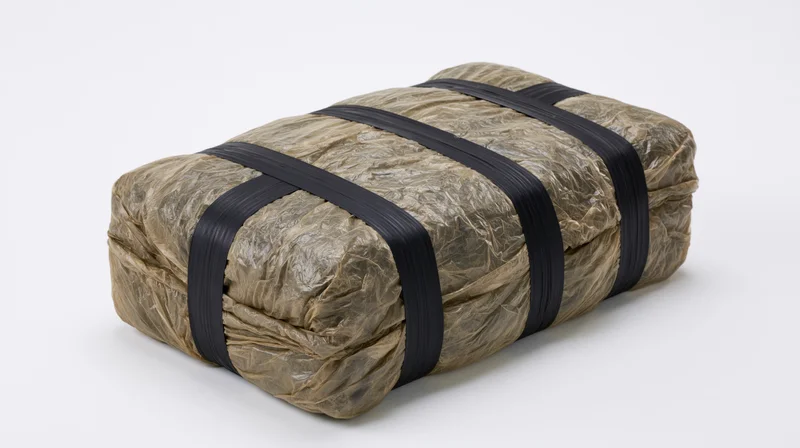 Rectangular bundle wrapped in translucent brown plastic and secured with black straps on white background