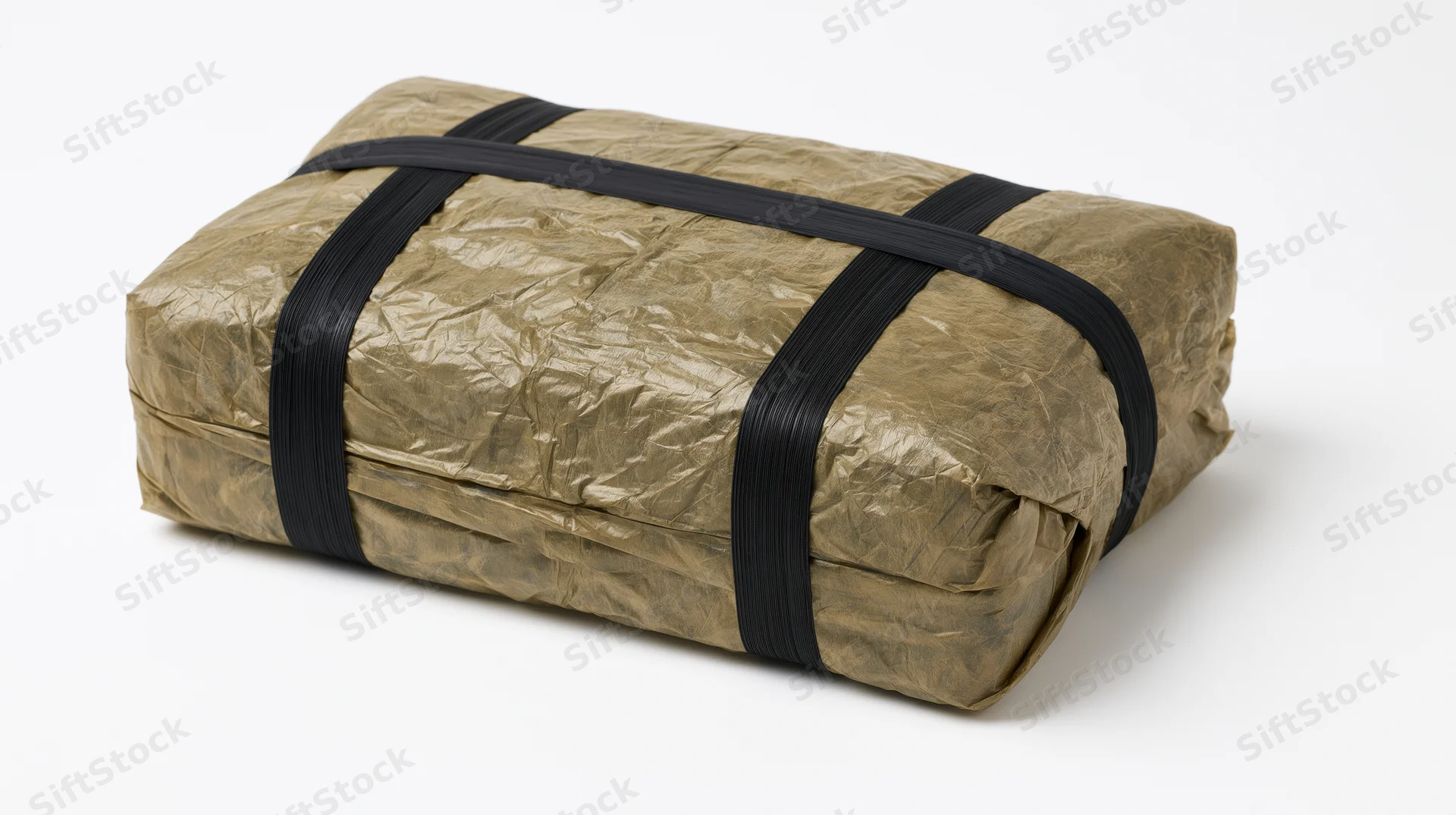 Rectangular package wrapped in crumpled brown plastic and secured with black straps on white background