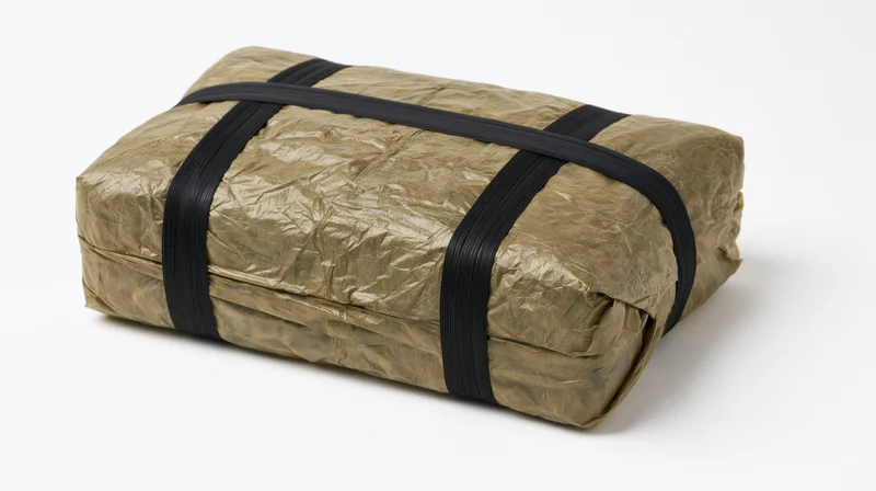 Rectangular package wrapped in crumpled brown plastic and secured with black straps on white background