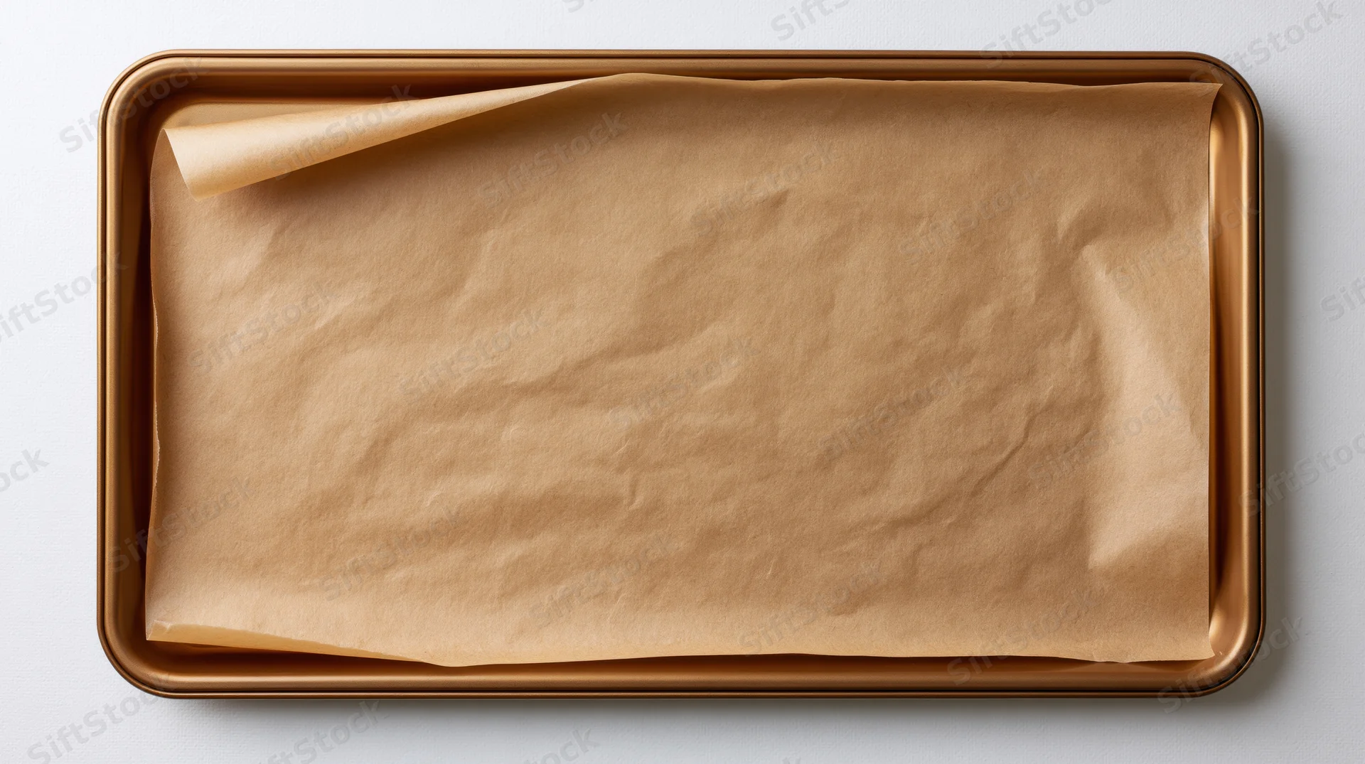 Rectangular copper baking sheet lined with crumpled parchment paper on white surface
