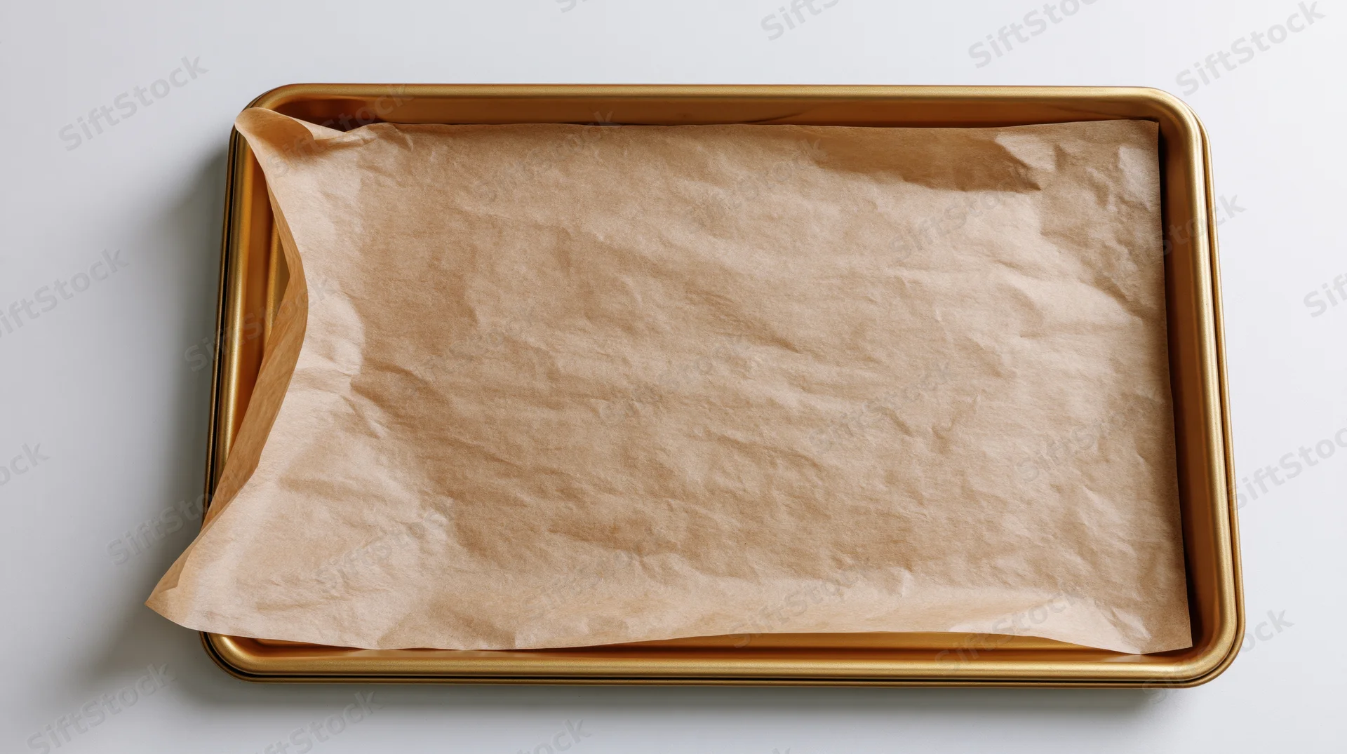 Rectangular gold baking tray lined with crumpled parchment paper on white surface