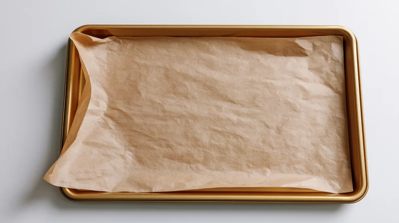Rectangular gold baking tray lined with crumpled parchment paper on white surface