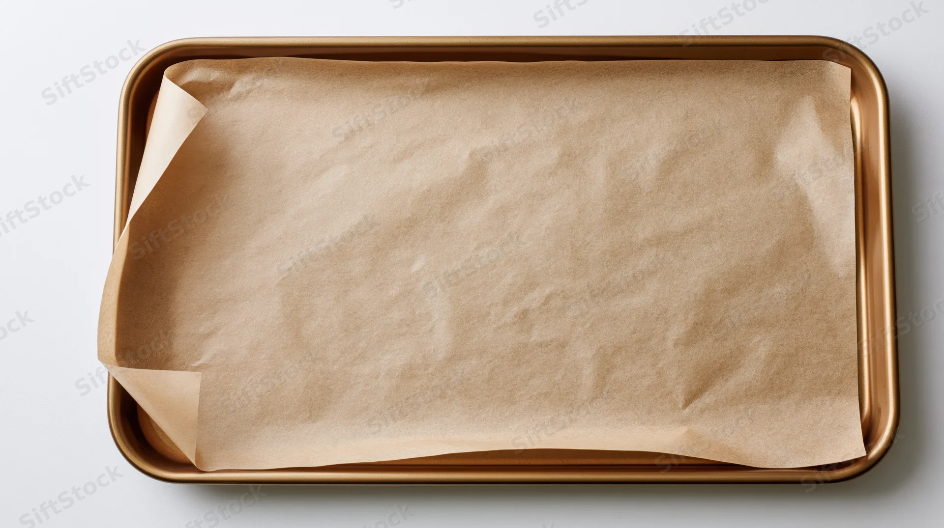 Rectangular gold metal baking sheet lined with crumpled brown parchment paper on white surface