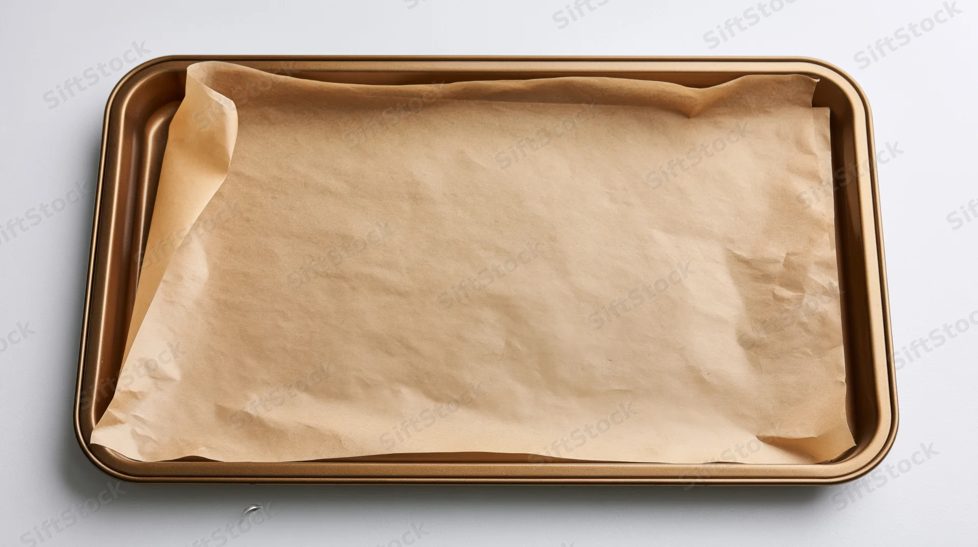 Rectangular gold metal baking tray lined with crumpled parchment paper on white surface
