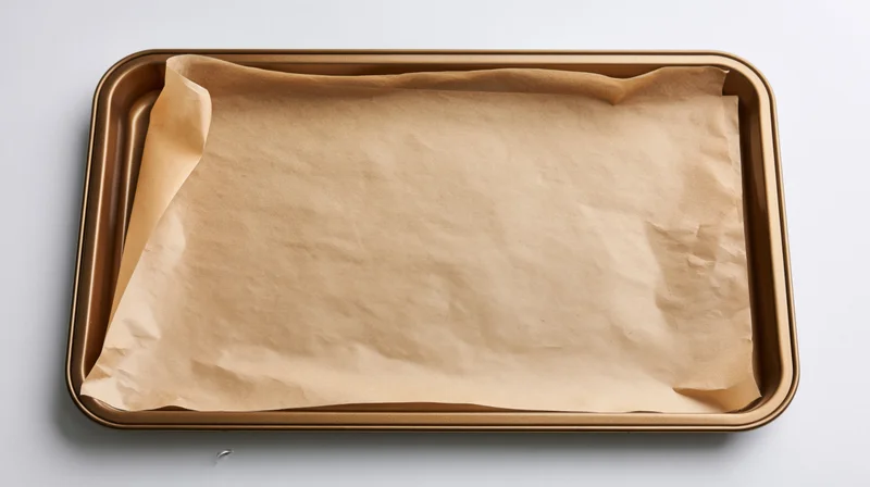 Rectangular gold metal baking tray lined with crumpled parchment paper on white surface