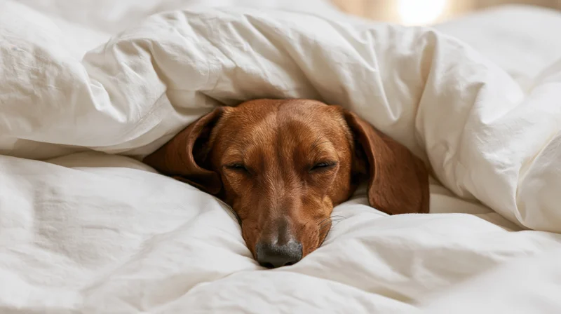 Red dachshund sleeping under white blanket in bed