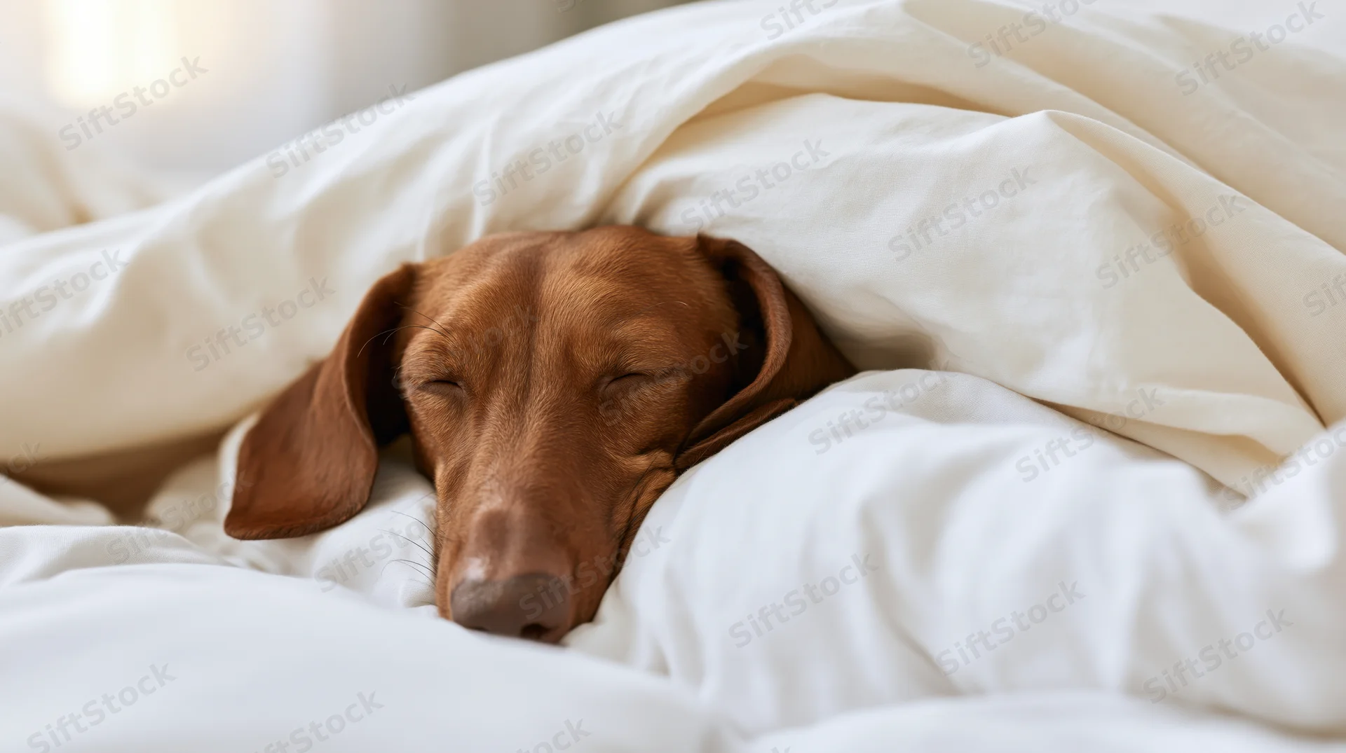 Red dachshund sleeping under white blanket in bed