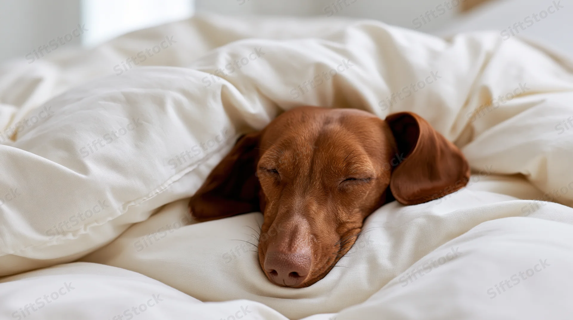 Red dachshund sleeping peacefully in a white bed covered with soft blanket
