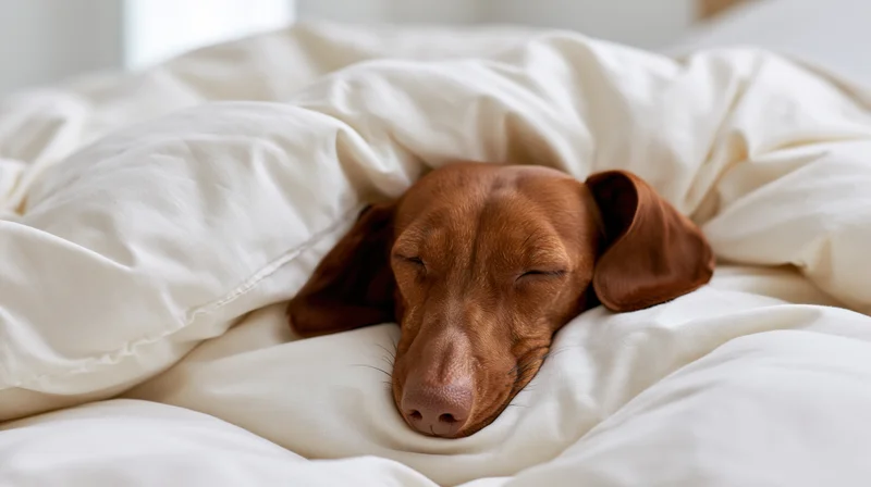 Red dachshund sleeping peacefully in a white bed covered with soft blanket