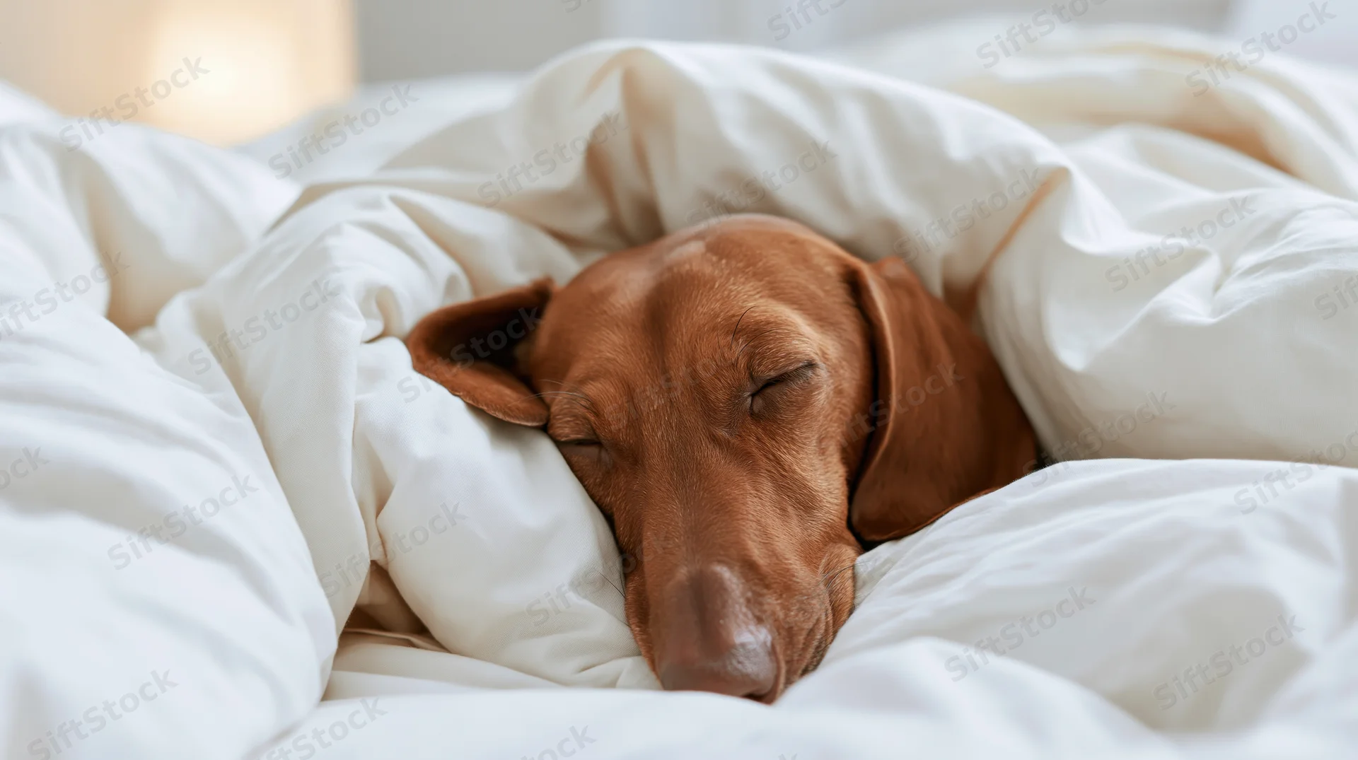Red dachshund sleeping deeply under white blanket in bed