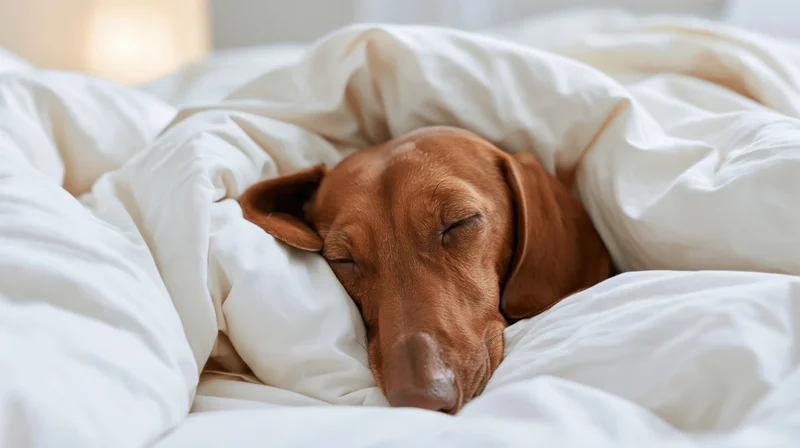 Red dachshund sleeping deeply under white blanket in bed