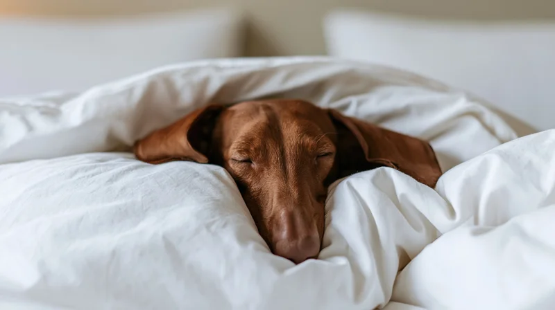 Red dachshund sleeping tucked under white bed covers in bedroom
