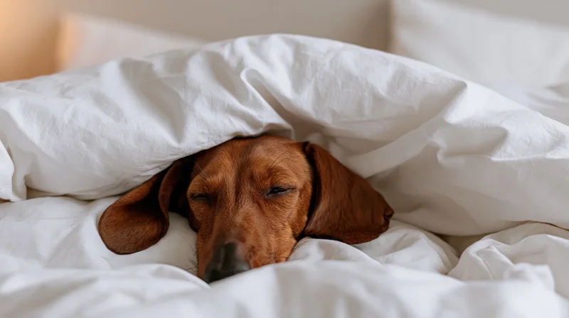 Red dachshund sleeping tucked under white bed covers in bedroom