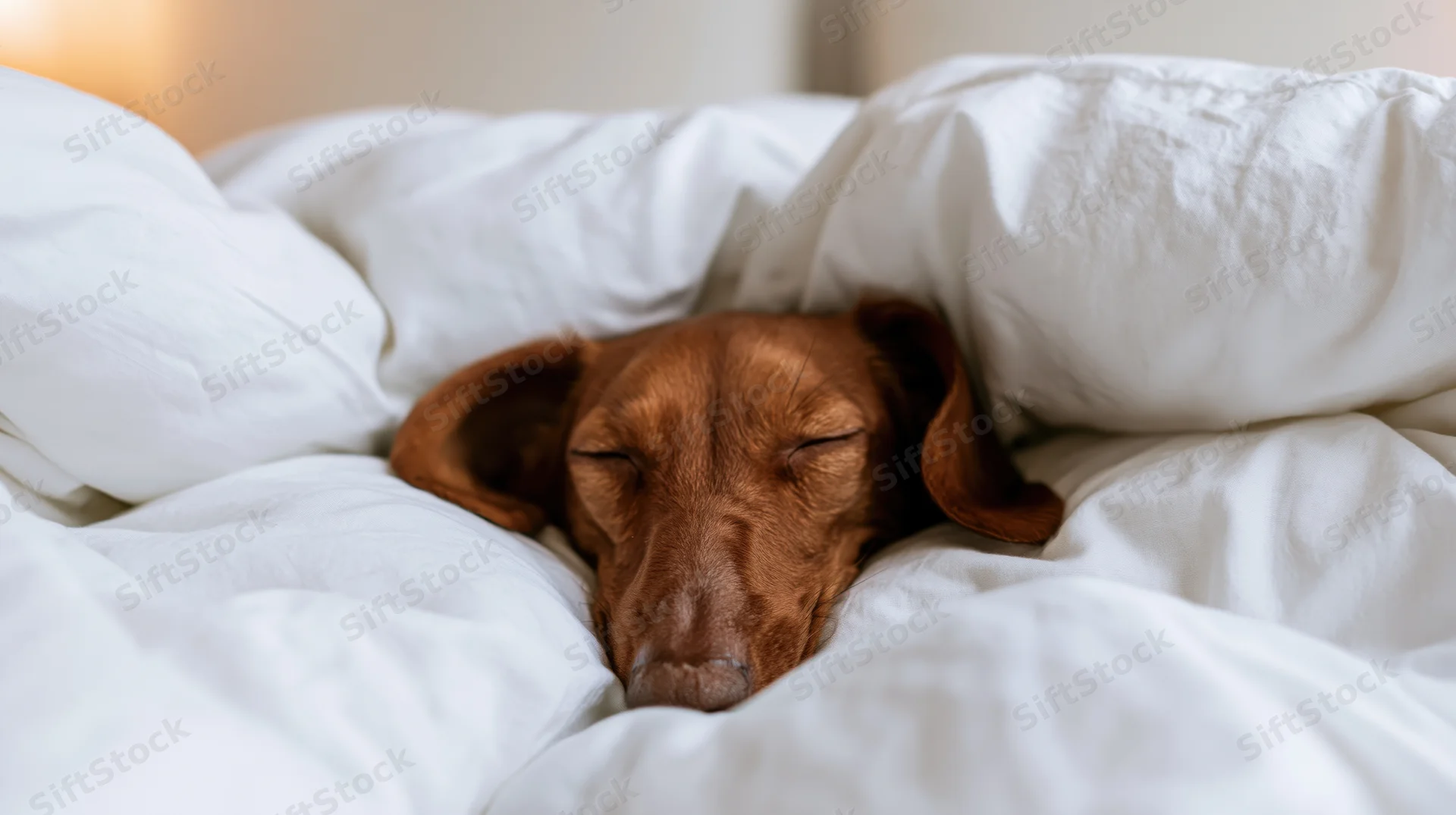 Red dachshund sleeping tucked under white bed covers in bedroom