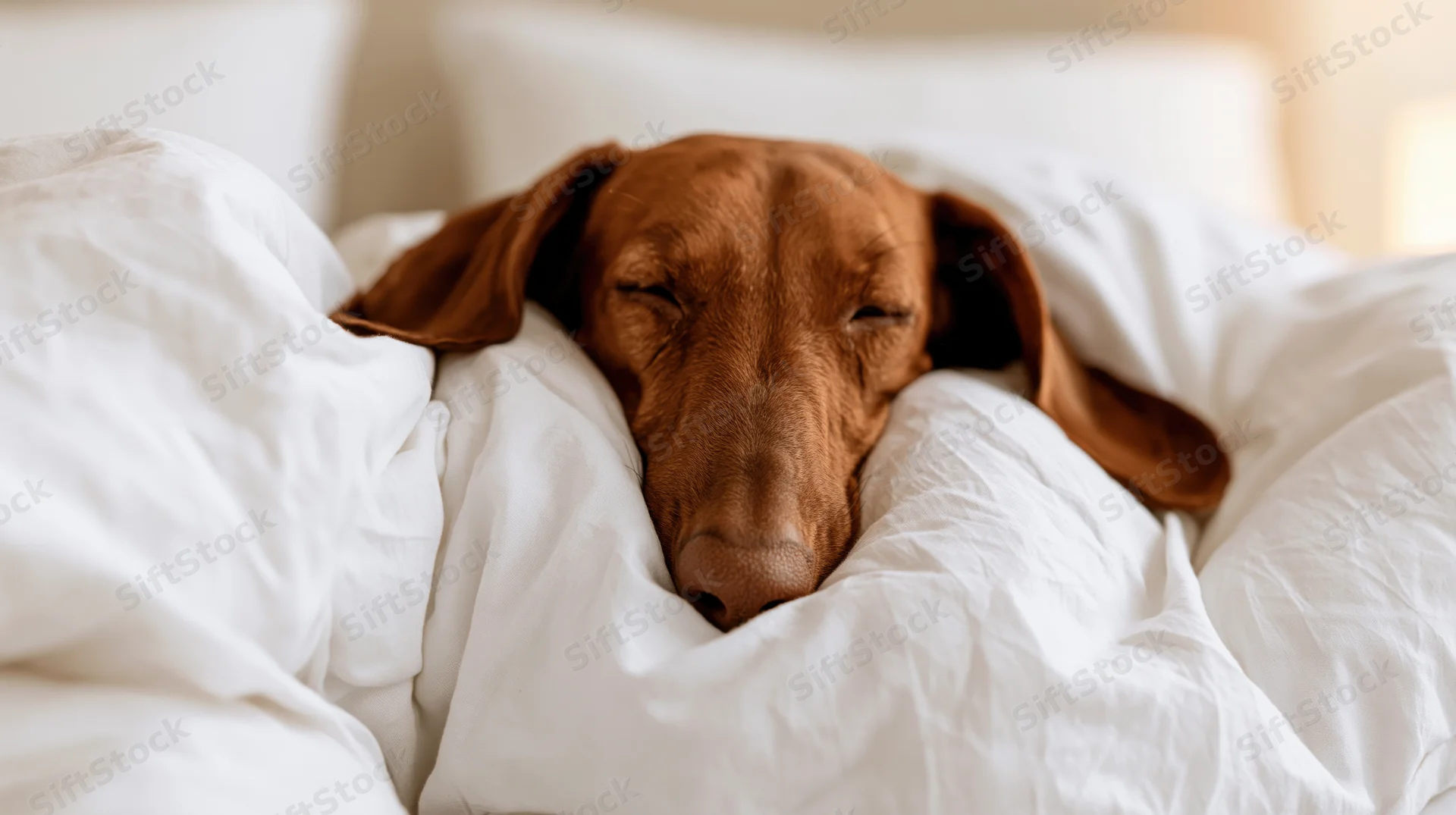 Red dachshund sleeping tucked under white bed covers in a bedroom