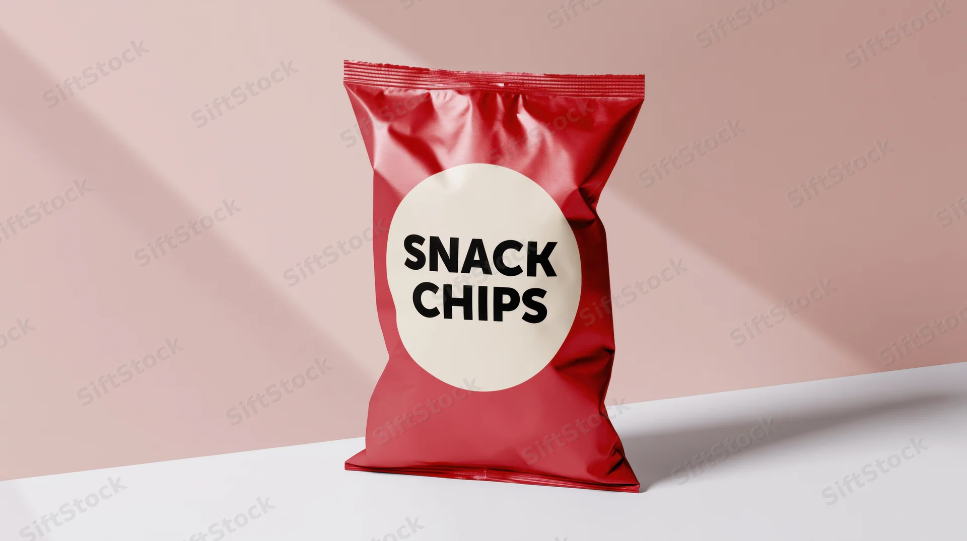 Red foil snack chip bag standing upright on white surface