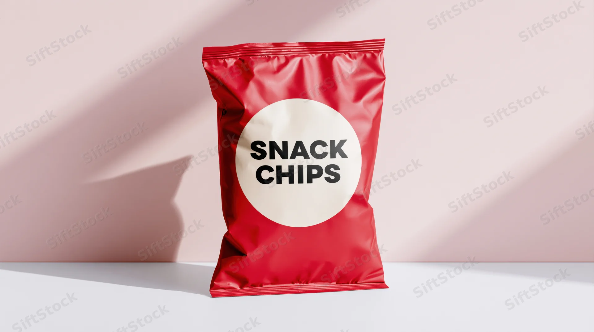 Red foil snack chip bag standing upright on white surface
