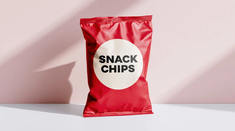 Red foil snack chip bag standing upright on white surface