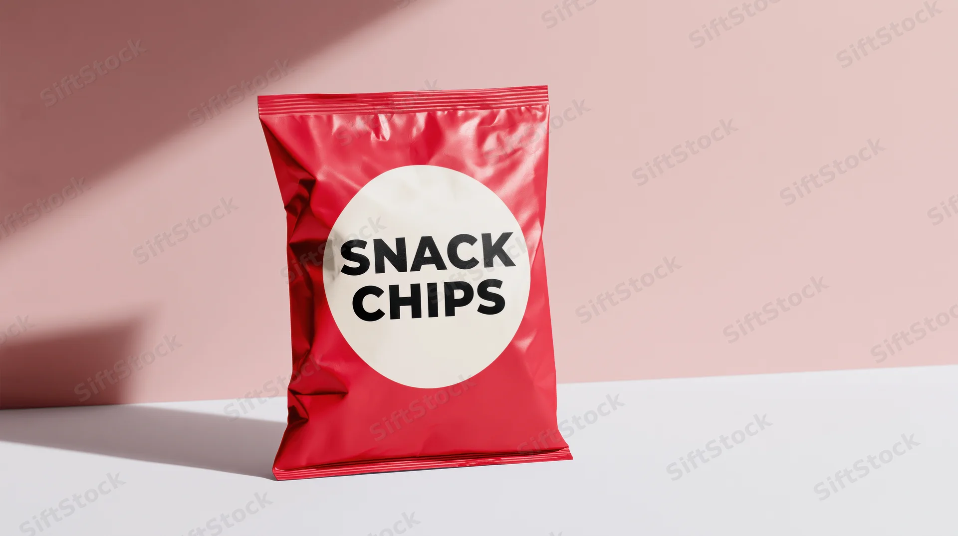 Red foil snack chip bag standing upright on white surface
