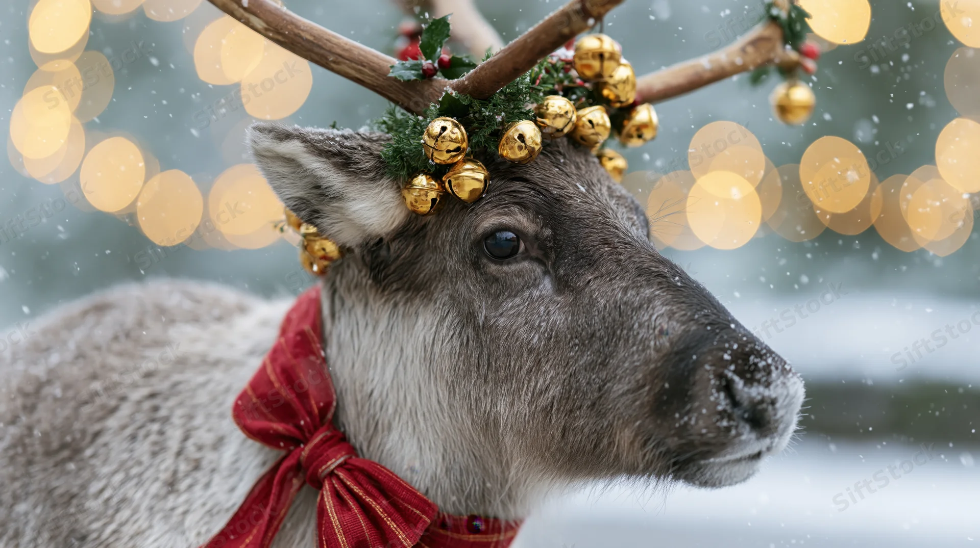 Reindeer with festive wreath and gold bells on antlers in snowy winter setting