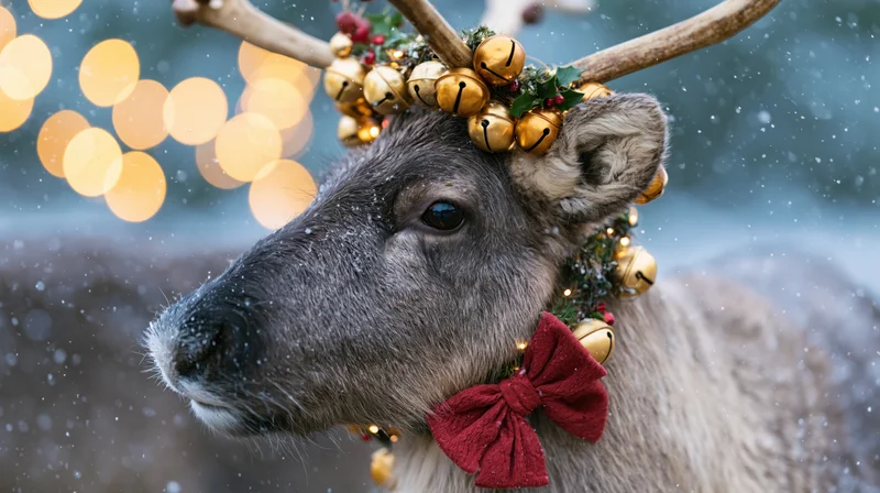 Reindeer wearing festive wreath with gold bells and red bow in snowy winter setting