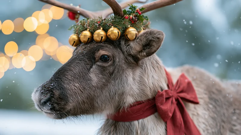 Reindeer wearing festive wreath with gold bells and red bow in snowy winter setting