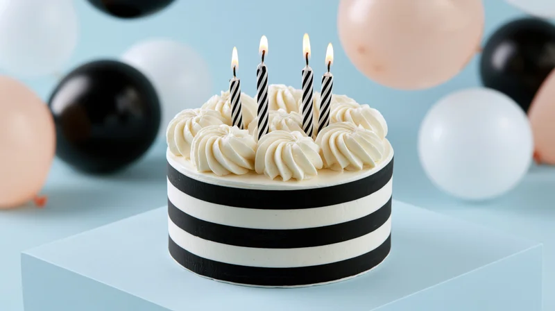 Round birthday cake with black and white stripes and lit candles on a light blue stand surrounded by balloons