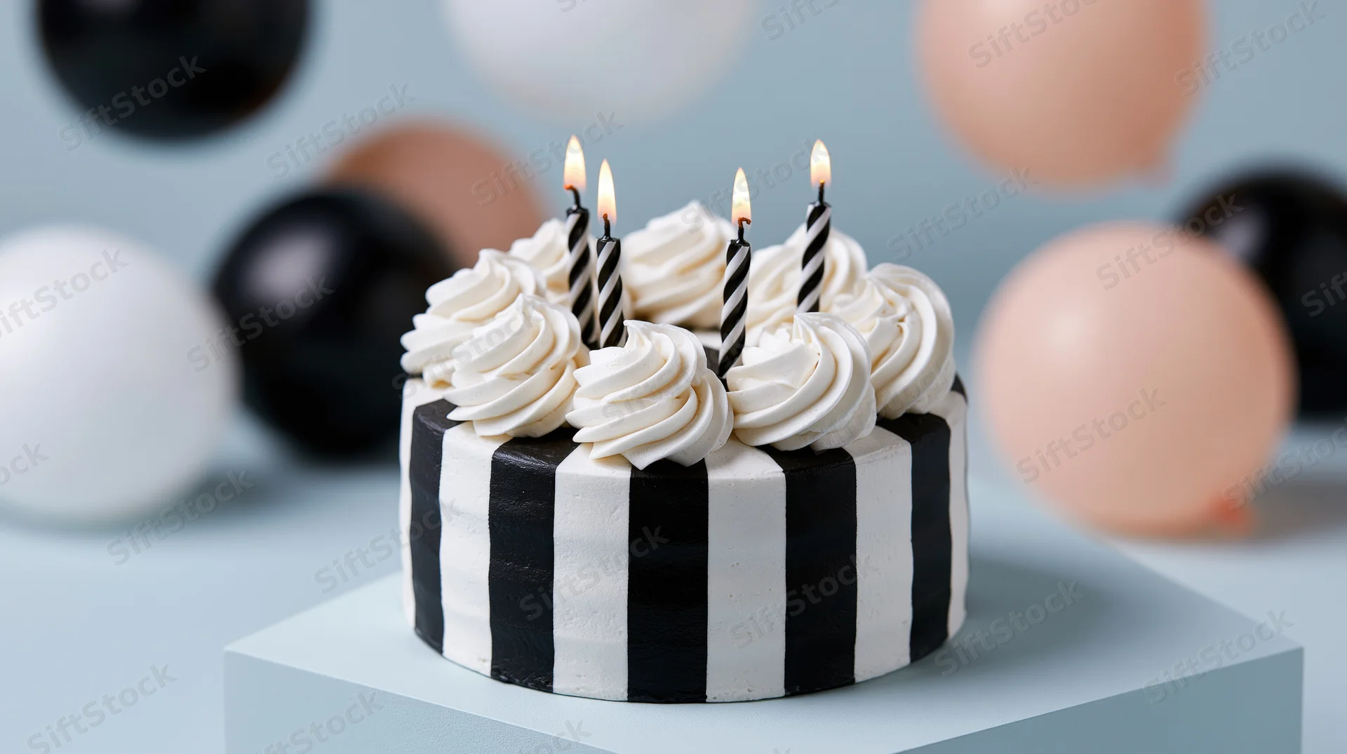 Round birthday cake with black and white striped frosting and lit candles on a pedestal, surrounded by balloons