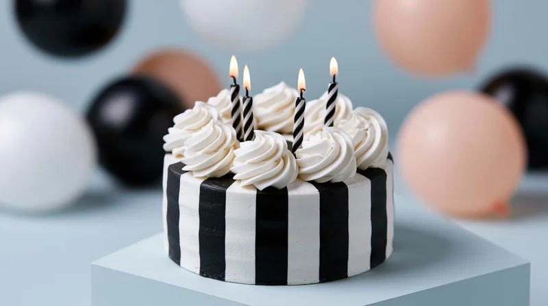 Round birthday cake with black and white striped frosting and lit candles on a pedestal, surrounded by balloons
