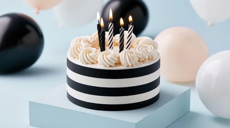 Round birthday cake with black and white stripes and lit candles on a pedestal surrounded by balloons