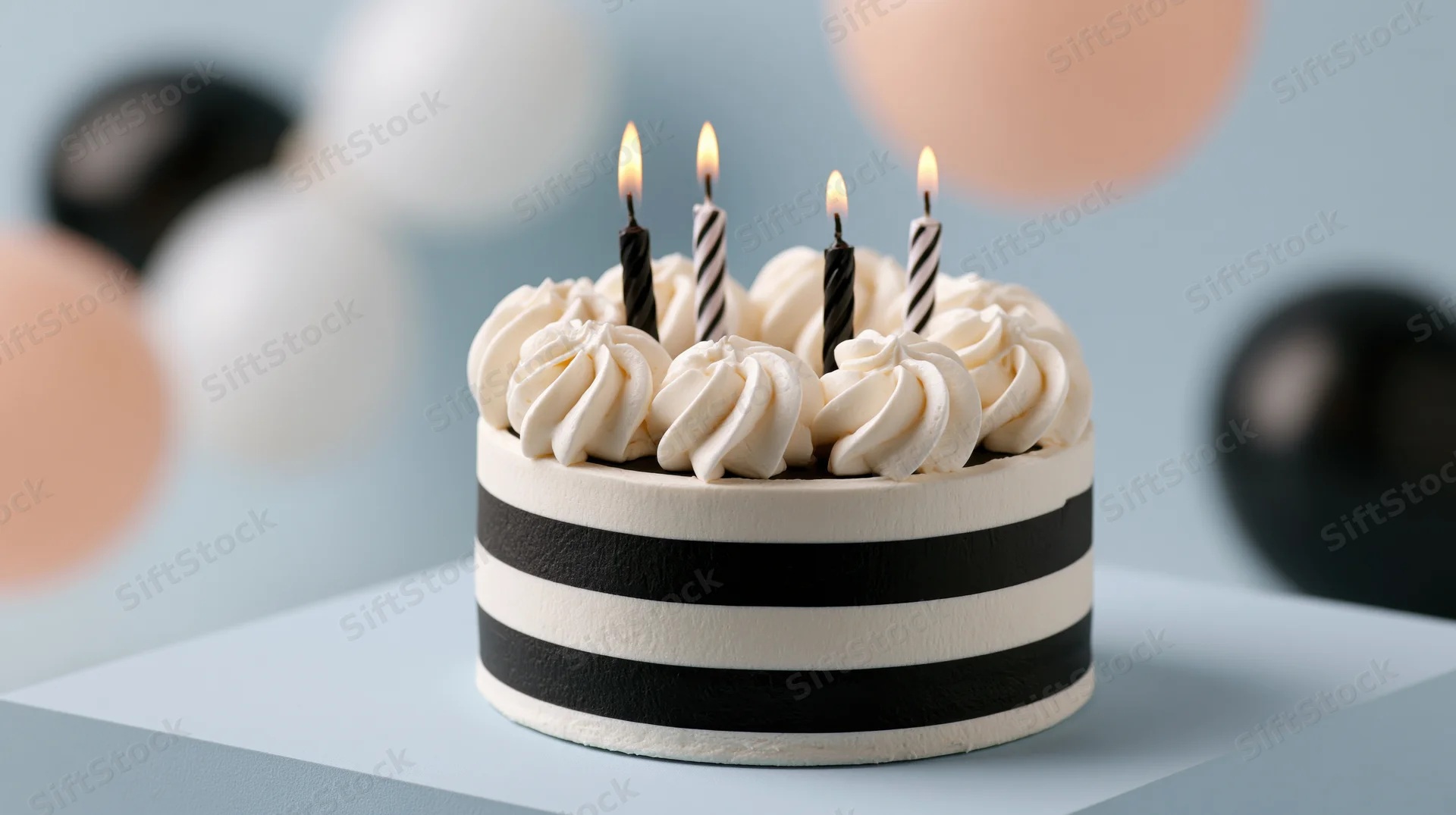 Round birthday cake with black and white stripes and lit candles on a stand with balloons in the background