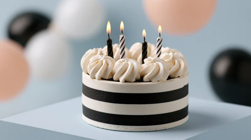 Round birthday cake with black and white stripes and lit candles on a stand with balloons in the background