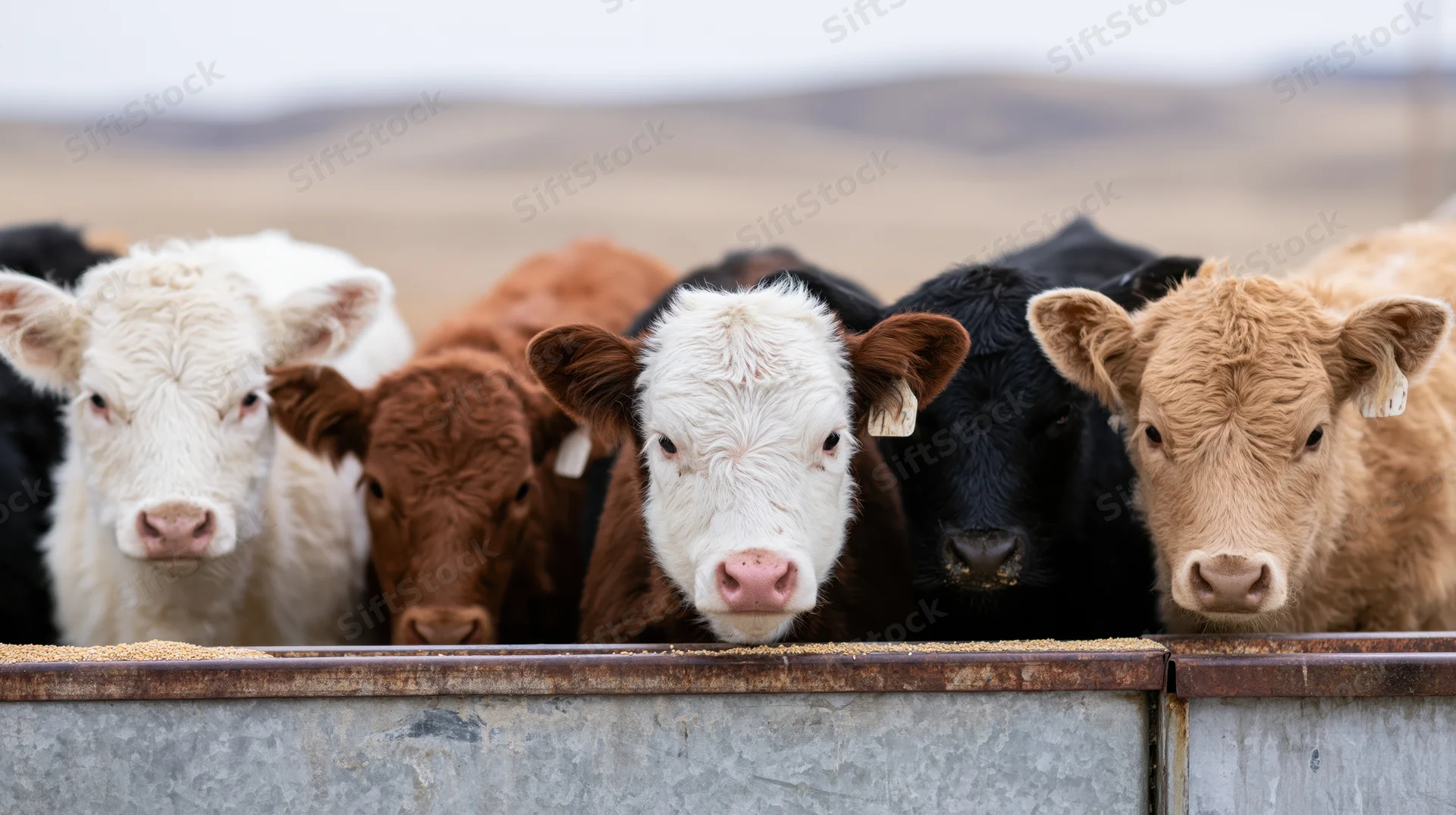 Young calves of mixed colors standing in a row at a metal feeding trough on a ranch