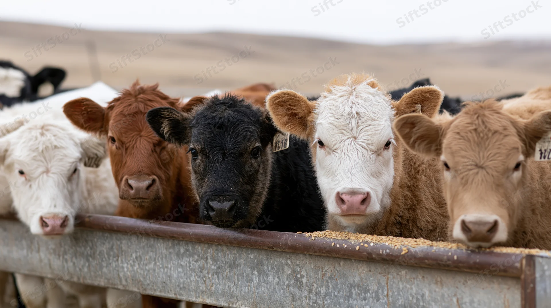 Young calves of mixed colors feeding at a metal trough on a farm
